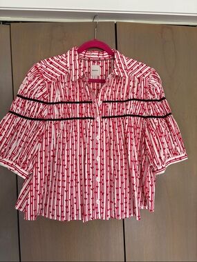 Anthropologie Red and White Patterned Button-Front Blouse